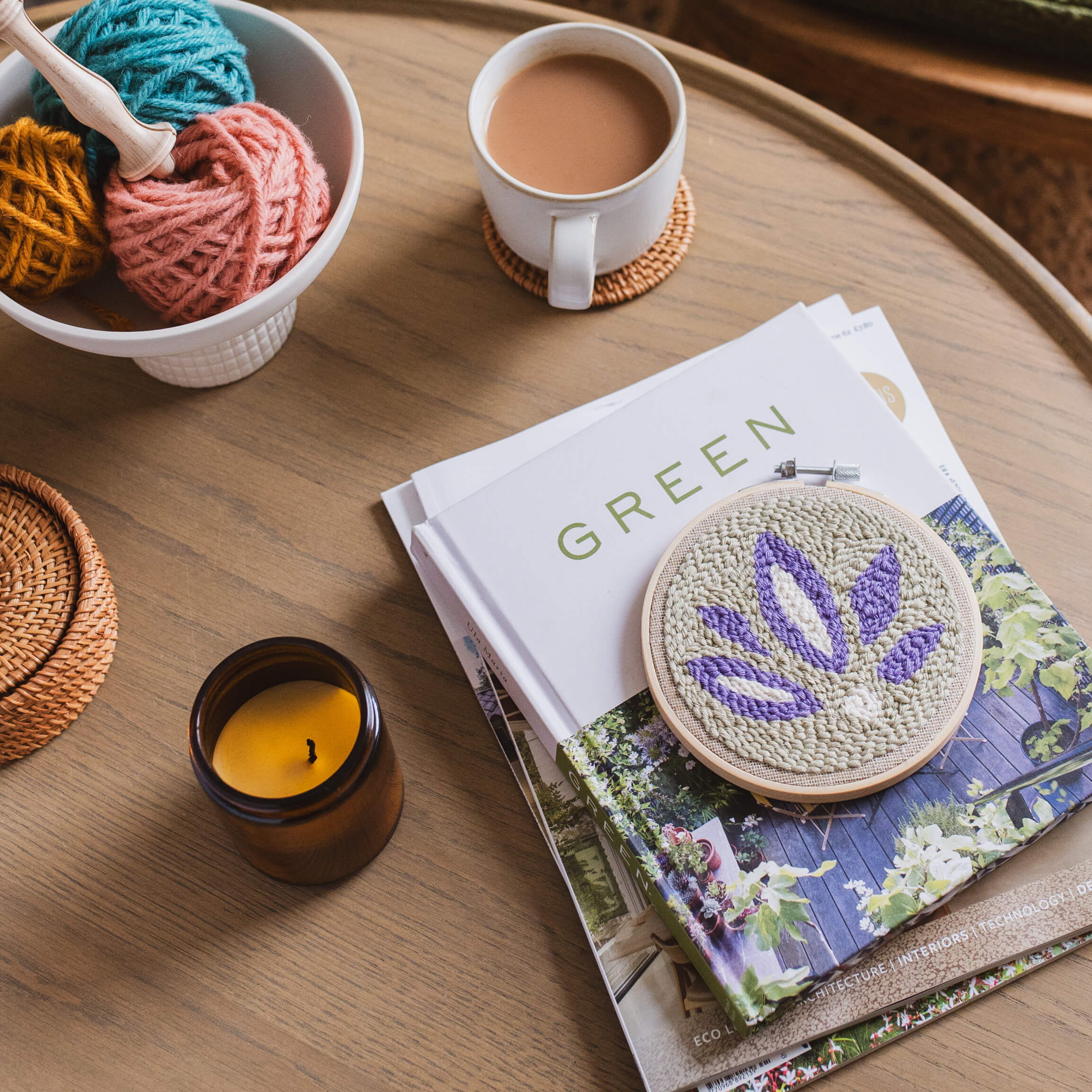 punch needle hoop on coffee table