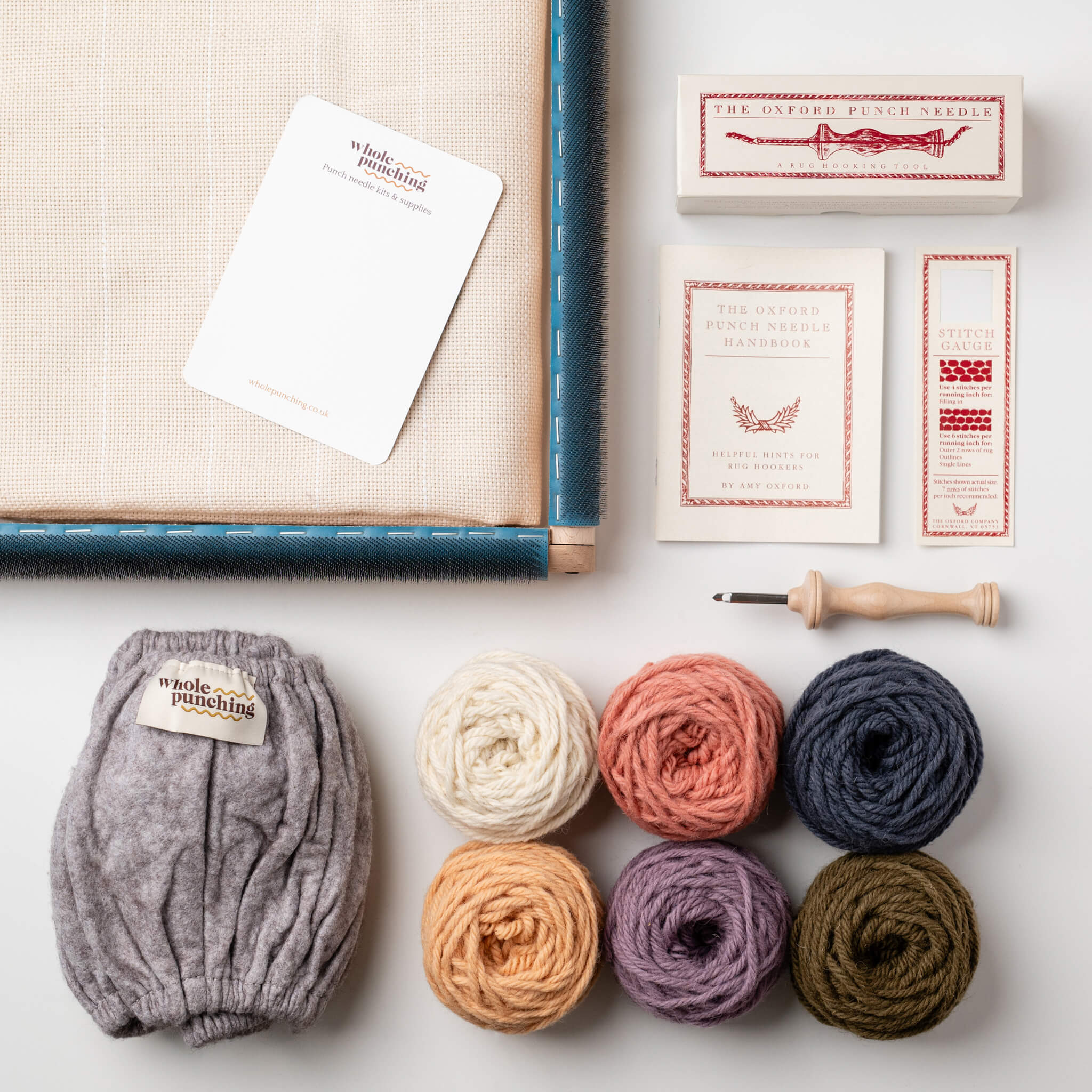 premium punch needle starter bundle with gripper strip frame, monks cloth, oxford punch needle and 100% wool rug yarn