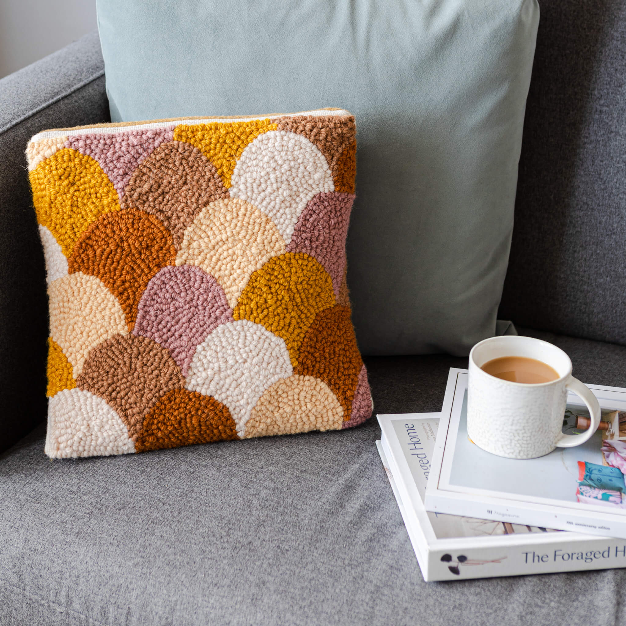 autumn scallop punch needle cushion kit using monks cloth, wool rug yarn and a reusable wooden punch needle frame